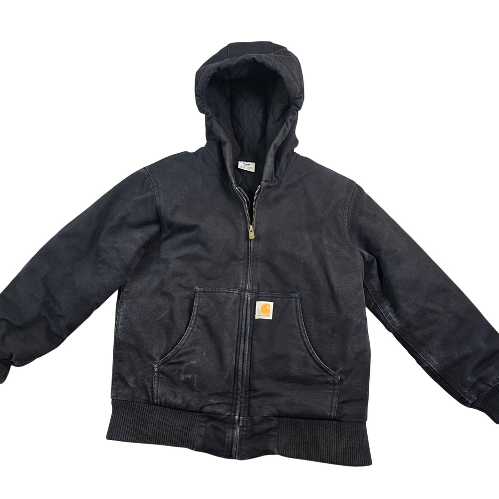 Carhartt Hooded Canvas Active Jacket Kids Size M 10-12 Black Quilted Lined Work